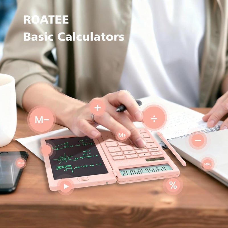 ROATEE Desk Calculators with Erasable LCD Notepad Basic Calculators Pink Cute School Supplies for Girls Middle School Stuff Cute Pocket Office Supplies Home Essential Solar & Battery Energy Big Button - Image 2